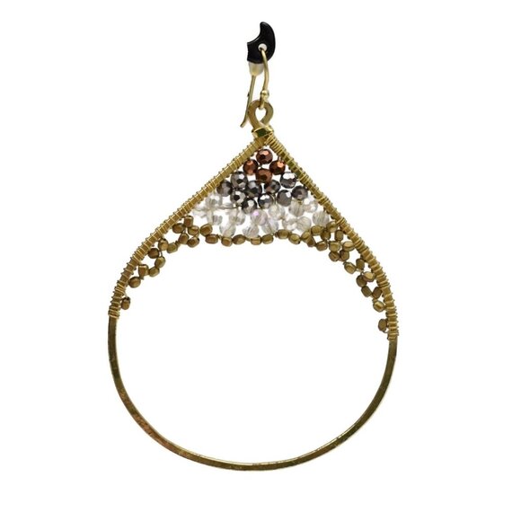 Artisan Drop Hoop Earrings Gold Tone Wire Wrapped Beads Clear Bronze Black Gold - Picture 2 of 4